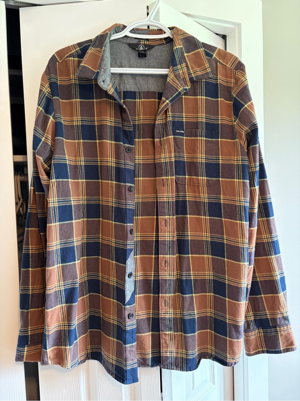Volcom Men's Brown and Navy Plaid Button-Down Shirt